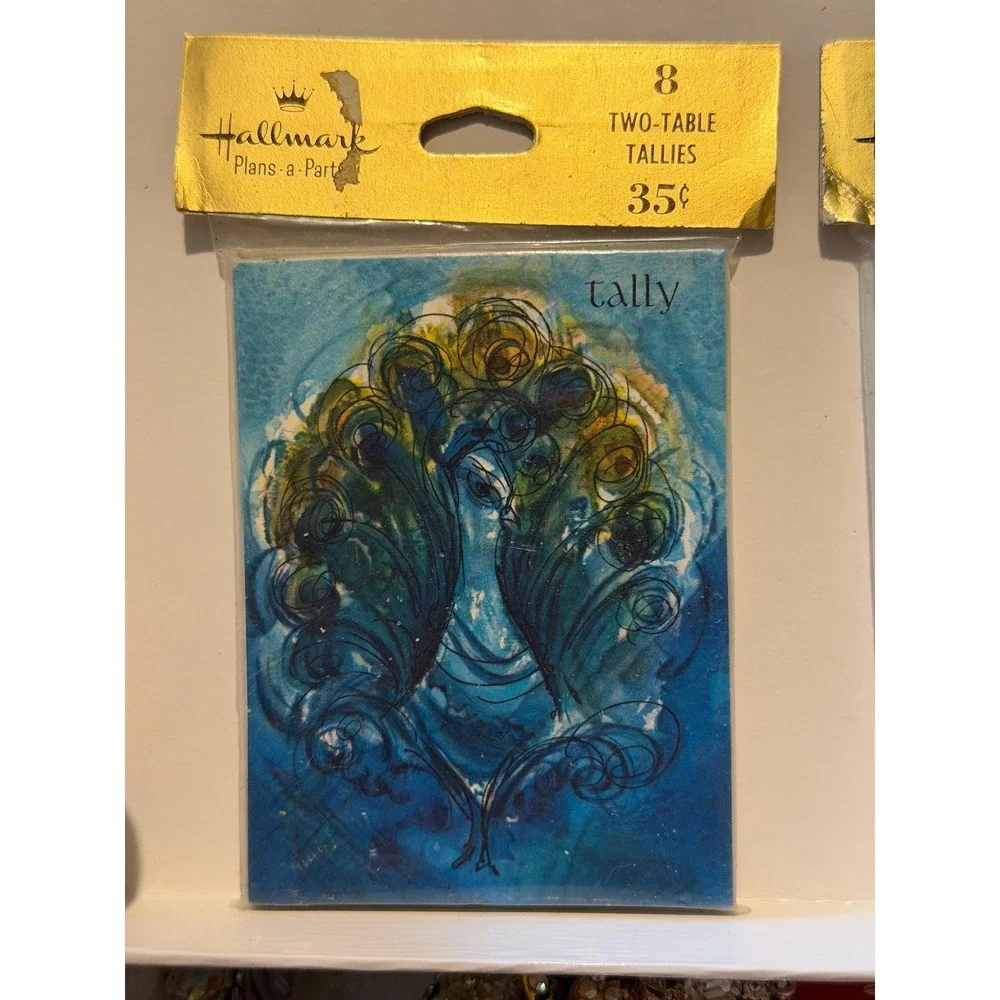 NOS Hallmark Tally Cards Blue Peacock Pink Tulips MCM